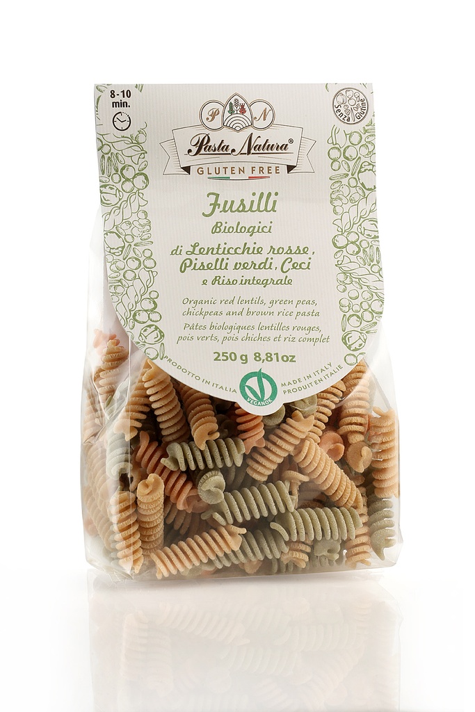 Tricolor Red Lentil, Gree Pea & Chickpea Pasta (Fusilli) - 0.25Kg - Pasta Natura